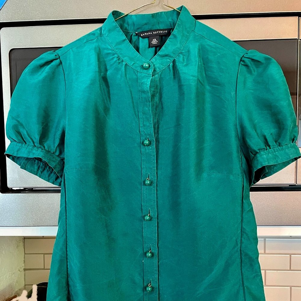 Emerald Green Jewel-toned Short-sleeve Silk Blouse